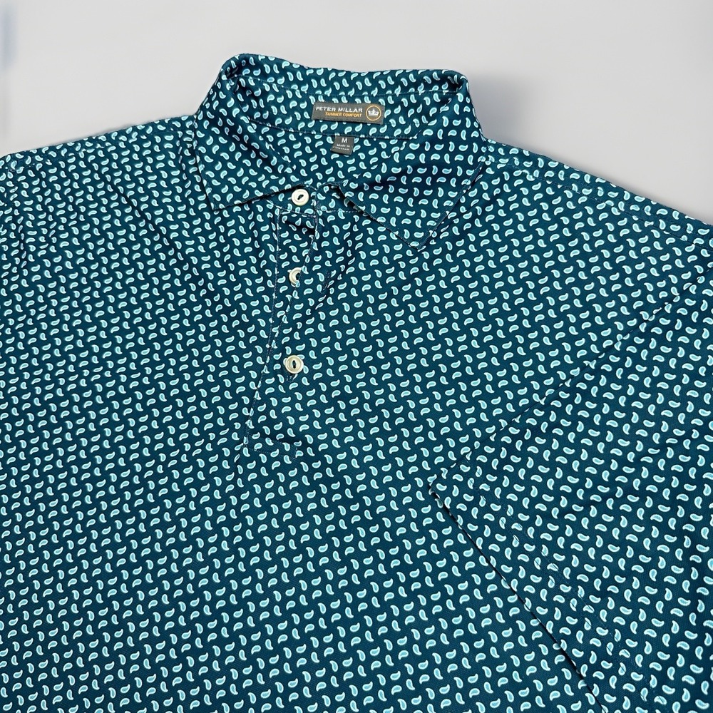 Peter Millar Summer Comfort Polo Shirt Mens M Green Paisley Geometric AOP Golf